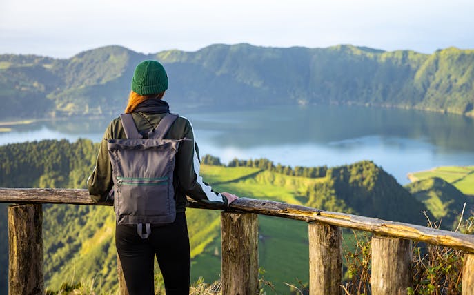 Traveler overlooking Sete Cidades crater lake on a half-day van tour.
