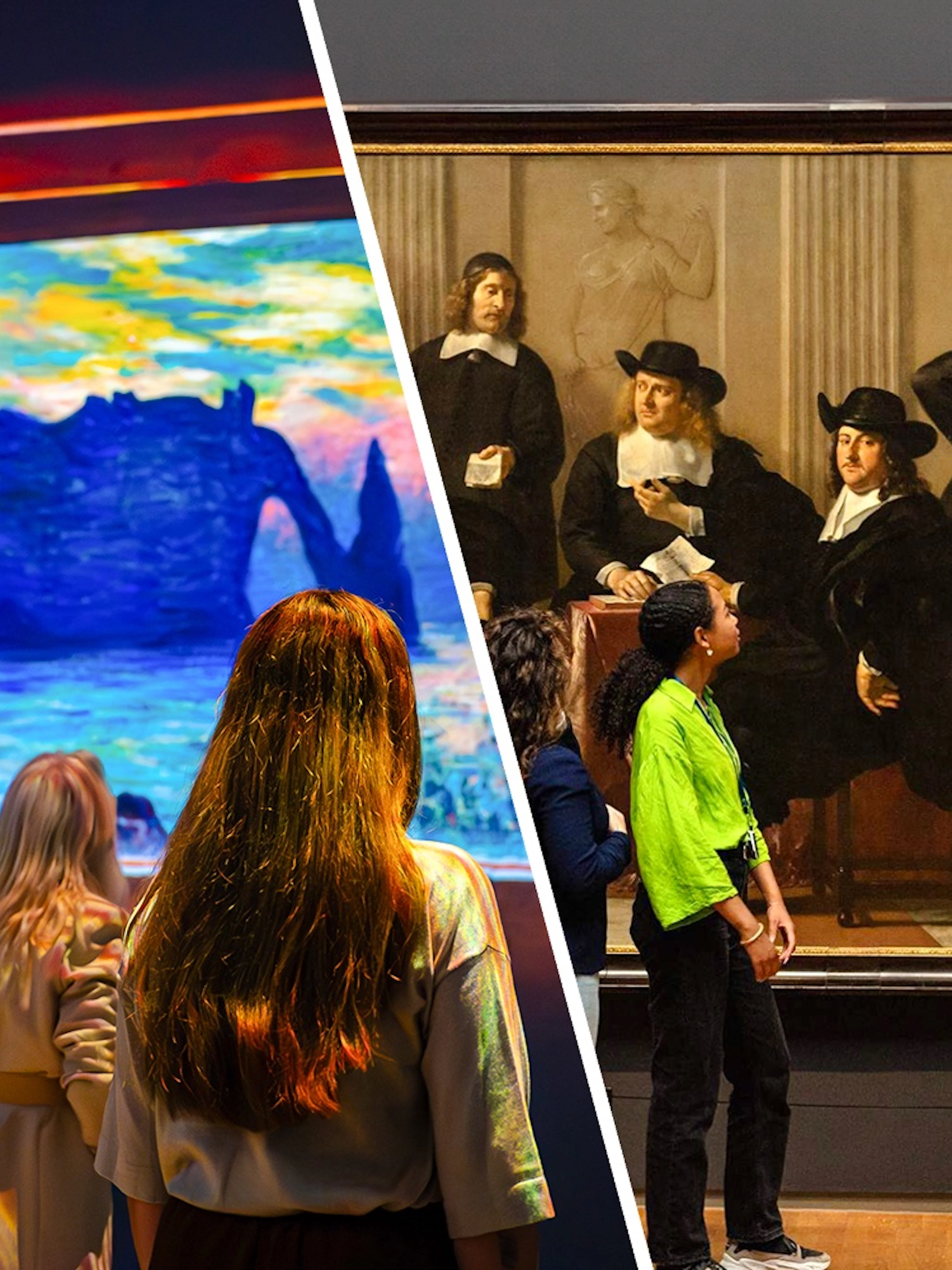 Visitors at Fabrique des Lumières exhibit and Rijksmuseum guided tour in Amsterdam.