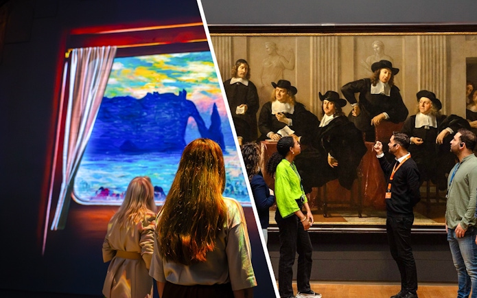 Visitors at Fabrique des Lumières exhibit and Rijksmuseum guided tour in Amsterdam.