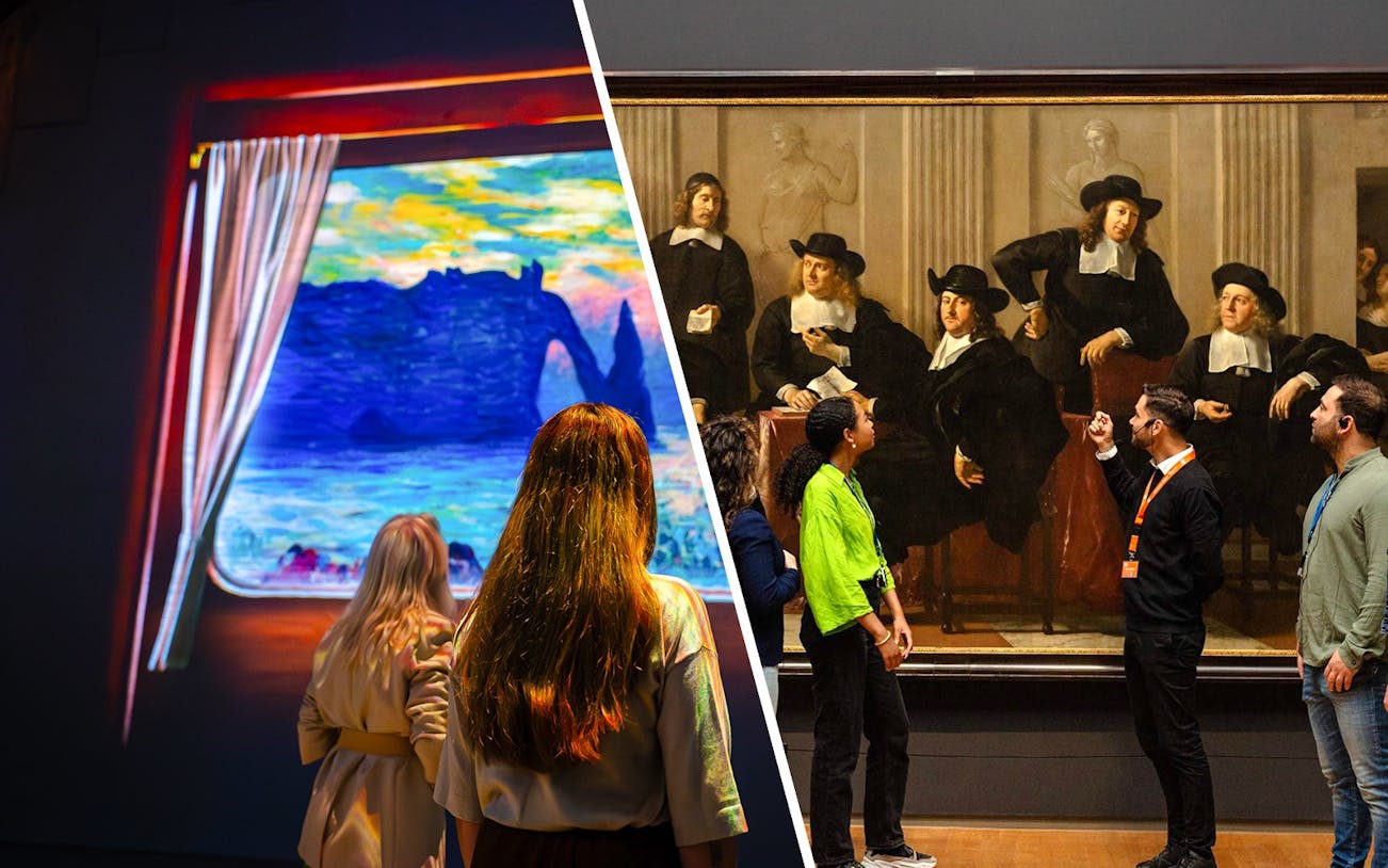 Visitors at Fabrique des Lumières exhibit and Rijksmuseum guided tour in Amsterdam.