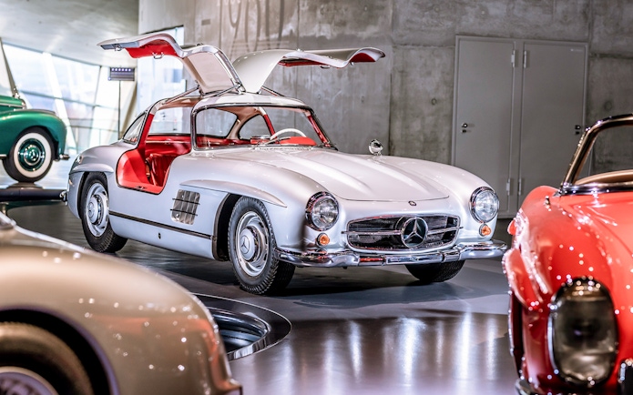 Classic Mercedes-Benz 300SL with gullwing doors inside Mercedes-Benz Museum.