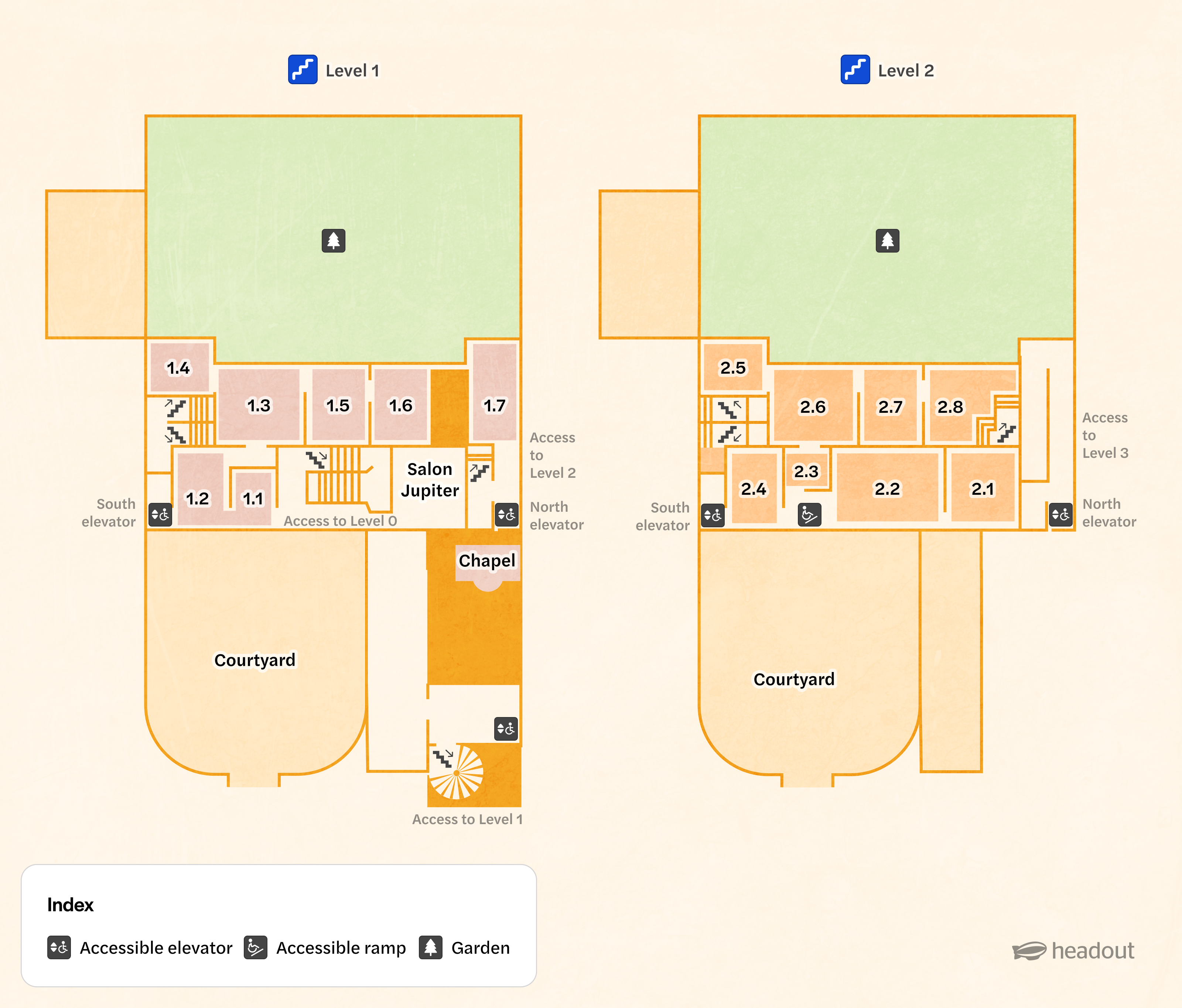 Picasso Museum map showing levels 1 and 2 with accessible routes and key areas like Salon Jupiter and Chapel.