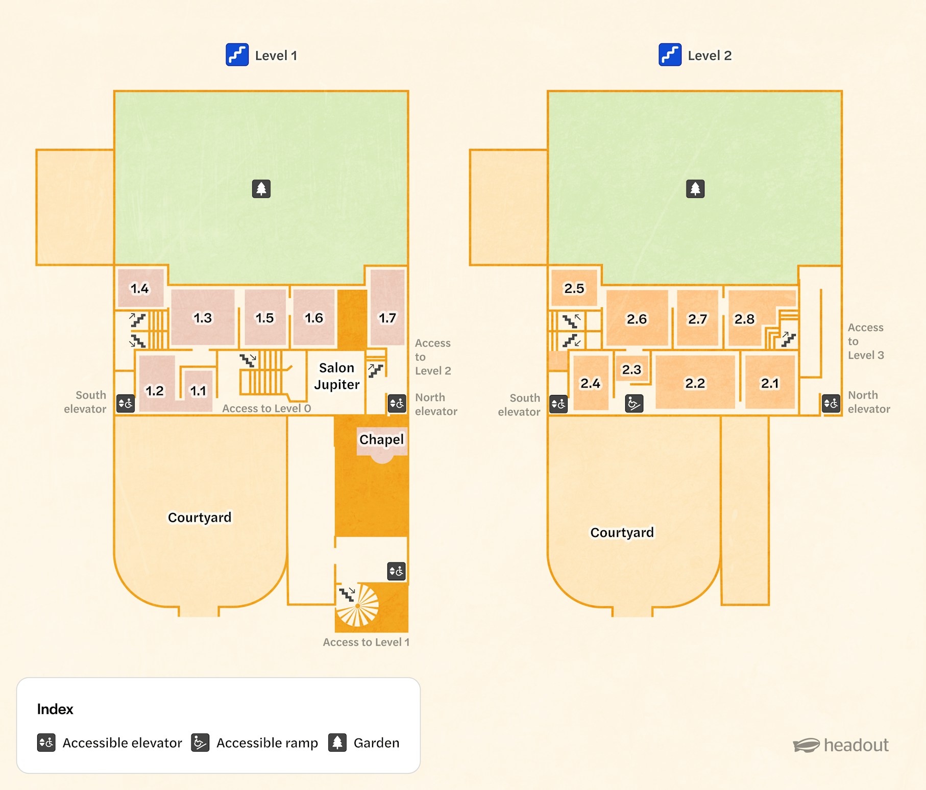 Picasso Museum map showing levels 1 and 2 with accessible routes and key areas like Salon Jupiter and Chapel.