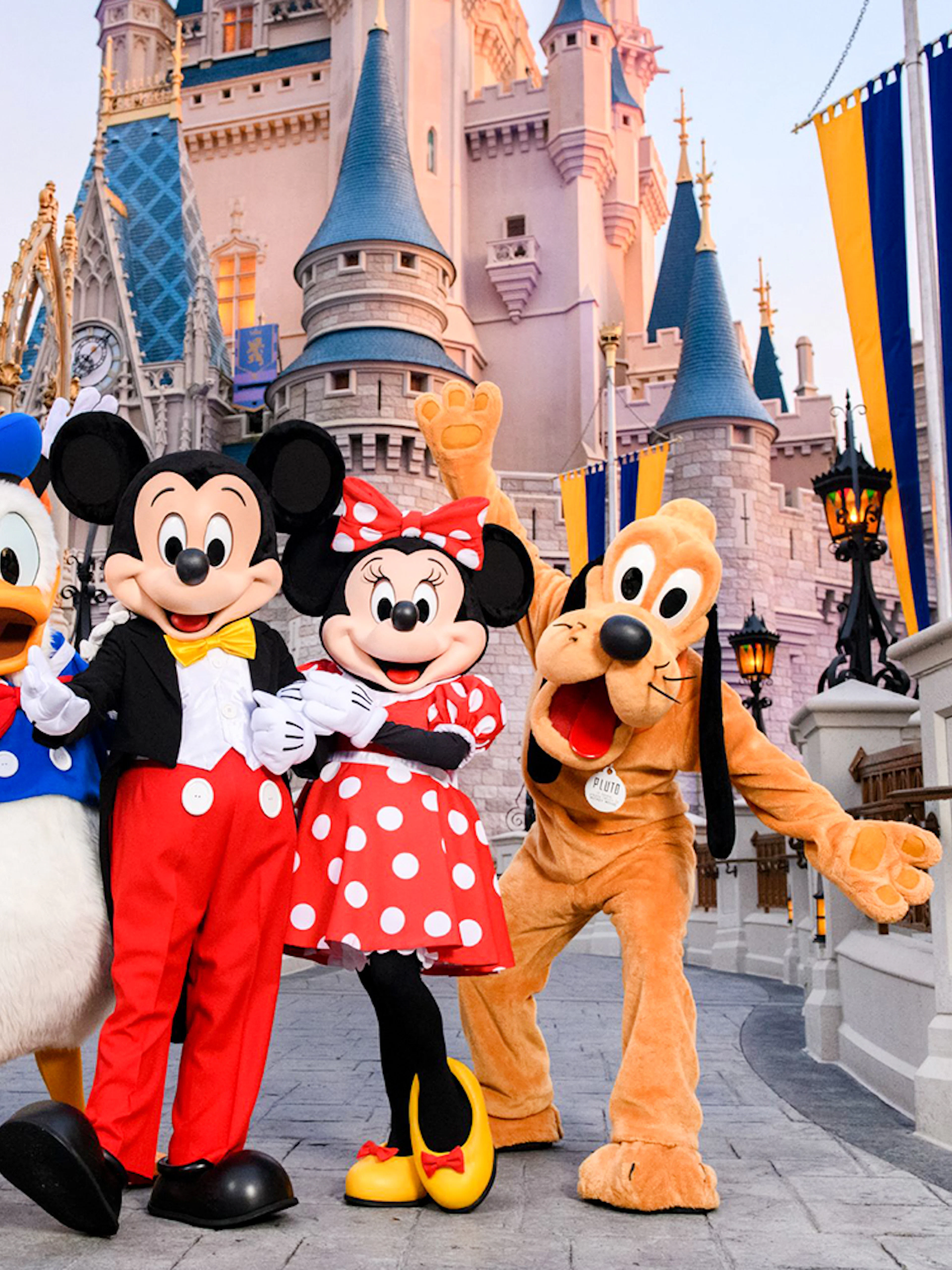 Mickey and friends in front of Cinderella Castle at Magic Kingdom, Walt Disney Resort, Orlando.