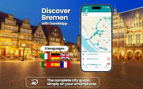 Bremen marketplace with smartphone audio guide app display.