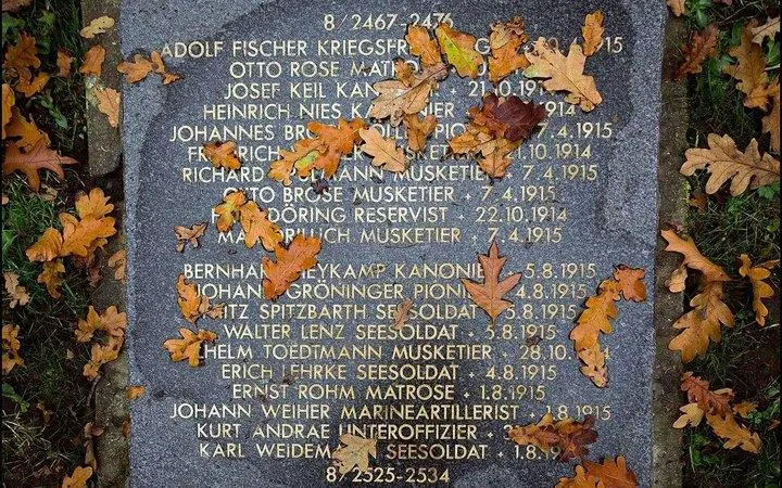 Memorial stone with WWI soldiers' names covered by autumn leaves, Flanders Fields tour.