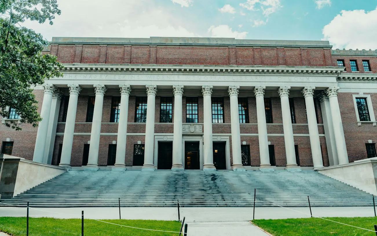 Widener Library facade with columns in Harvard Yard, Boston.