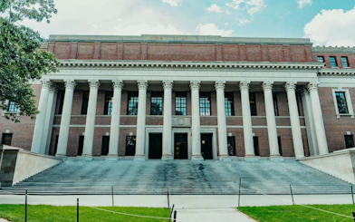 Widener Library facade with columns in Harvard Yard, Boston.
