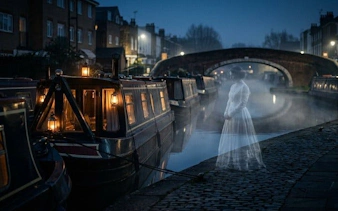 Little Venice canal at night with ghostly figure near narrowboats and arched bridge.