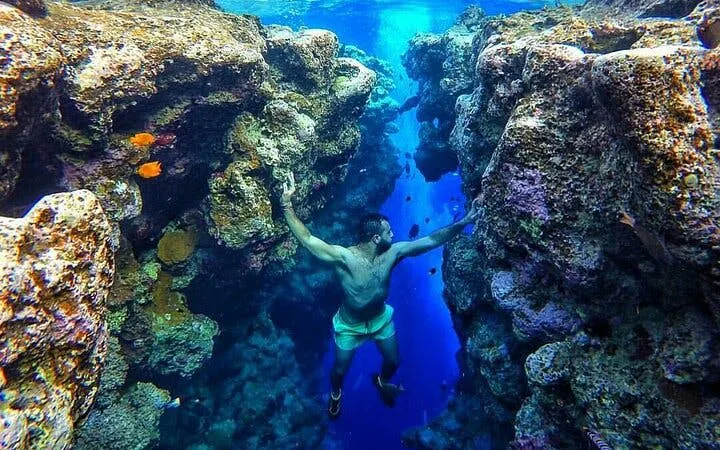 Snorkeler exploring coral formations in Blue Hole Canyon, Sharm El Sheikh.