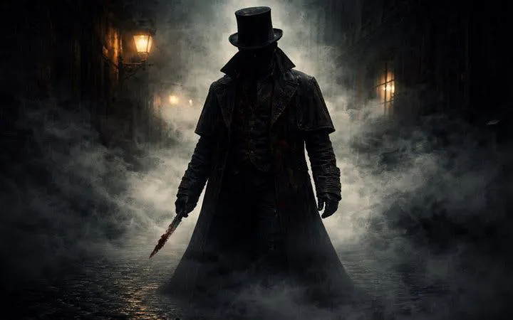 Shadowy figure in Victorian attire on foggy London street for Jack the Ripper tour.