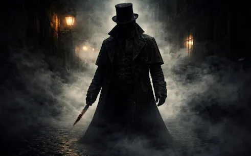 Shadowy figure in Victorian attire on foggy London street for Jack the Ripper tour.