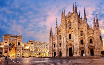 Milan Cathedral and Galleria Vittorio Emanuele II at sunset, part of self-guided walking tour.