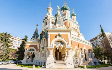 Russian Orthodox Cathedral in Nice on a sunny day, featured in self-guided walking tour app.