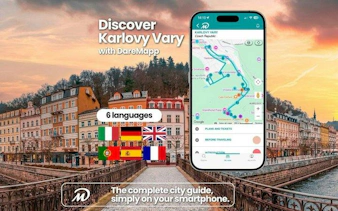 Mobile app displaying Karlovy Vary walking tour map with cityscape background.