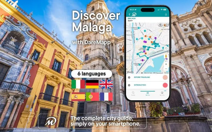 Malaga Cathedral with mobile app interface for self-guided walking tour.