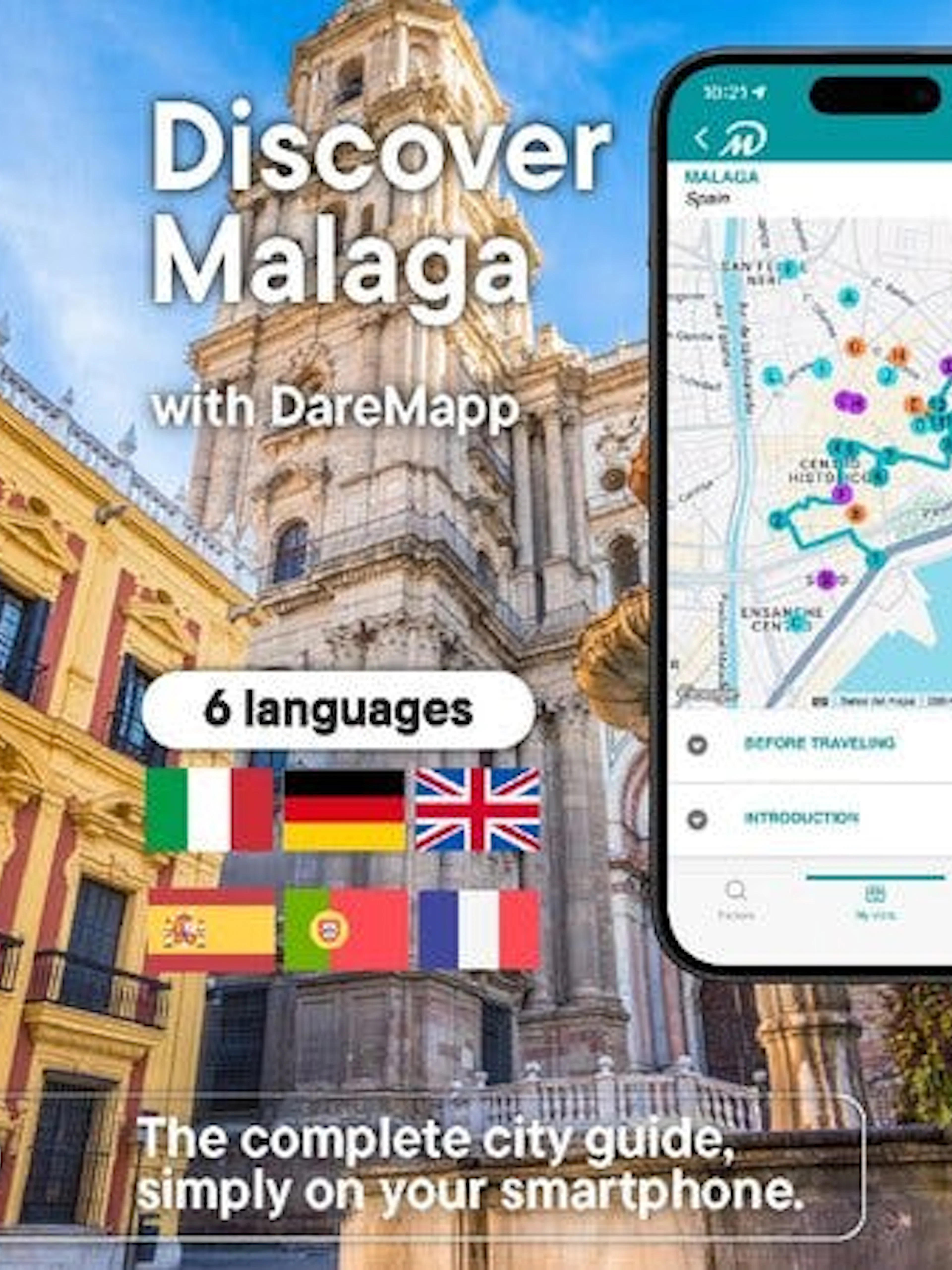 Malaga Cathedral with mobile app interface for self-guided walking tour.