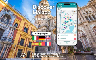 Malaga Cathedral with mobile app interface for self-guided walking tour.