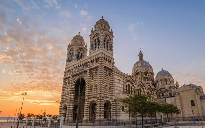 Marseille Cathedral at sunset during self-guided walking tour.