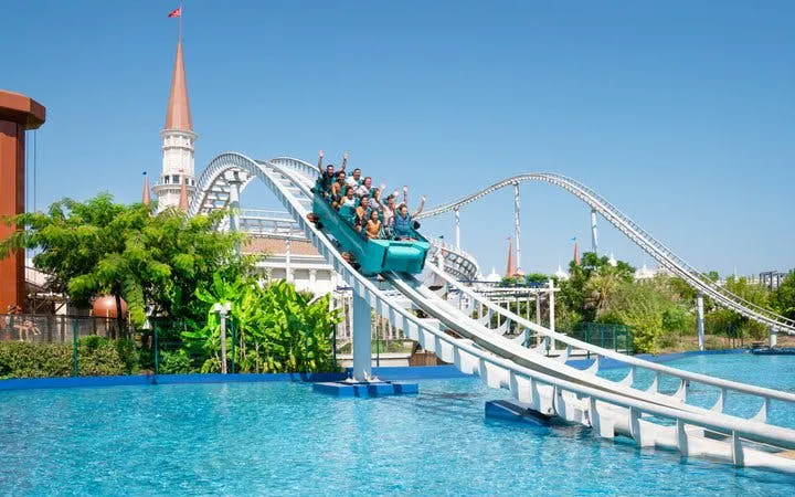 Roller coaster ride over water at The Land of Legends Theme Park, Turkey.