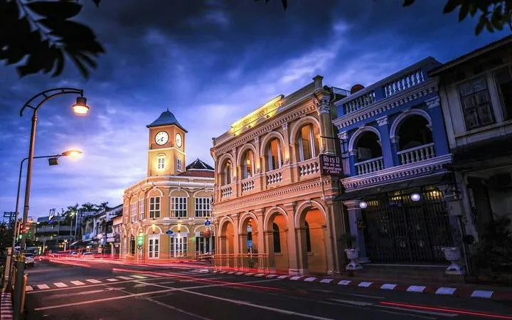 Colonial architecture in Phuket Old Town at dusk, part of the Phuket Private Island Highlights & Big Buddha Guided Tour.