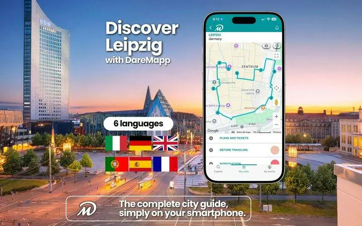 Leipzig skyline with smartphone displaying self-guided audio tour map.