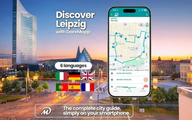 Leipzig skyline with smartphone displaying self-guided audio tour map.
