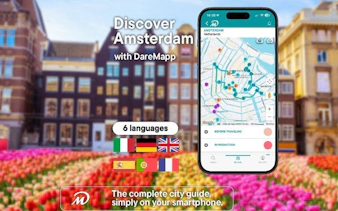 Amsterdam walking tour app with map on smartphone, tulip field, and city buildings.