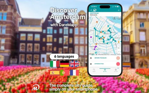 Amsterdam walking tour app with map on smartphone, tulip field, and city buildings.