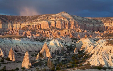 Cappadocia rock formations at sunset during private museum tour.