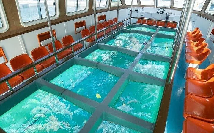 Glass-bottom boat interior with coral reef view, Sharm El Sheikh water skiing tour.
