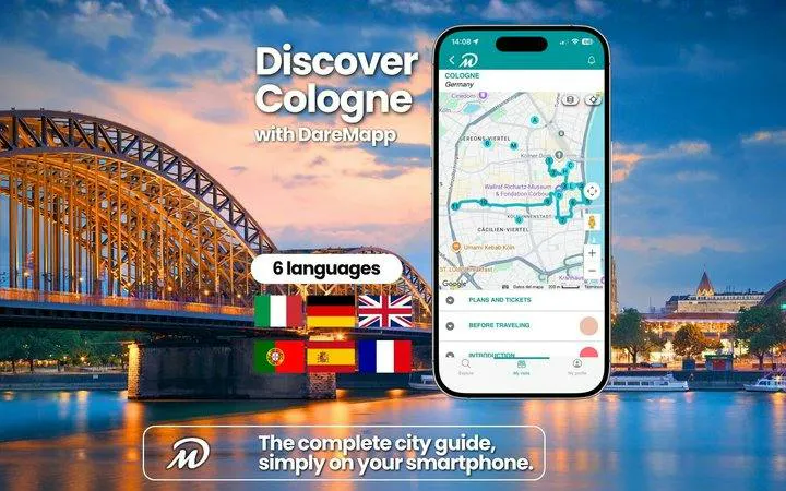 Cologne walking tour app interface with Hohenzollern Bridge in the background.