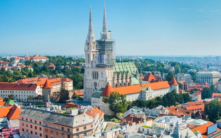 Zagreb Cathedral with cityscape view on self-guided walking tour app.