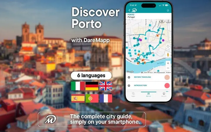 Porto cityscape with mobile app map for self-guided walking tour.