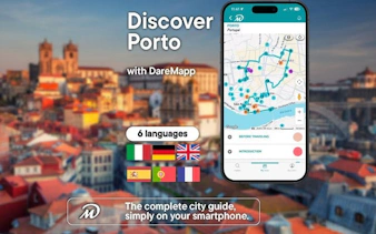Porto cityscape with mobile app map for self-guided walking tour.