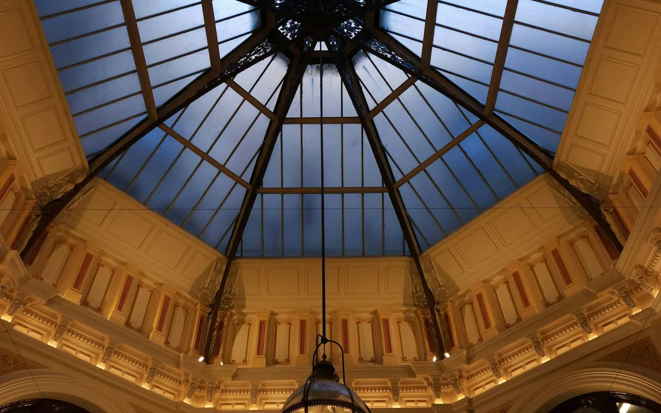 Glass ceiling of a historic arcade in Melbourne, part of the Laneways and Arcades walking tour.
