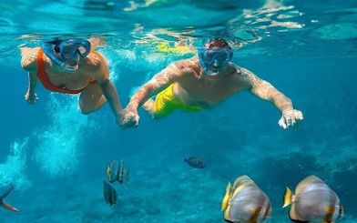 Snorkelers exploring coral reef with fish in Hurghada on a private speed boat trip.