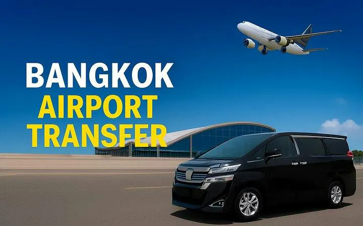 Private transfer van at Bangkok Suvarnabhumi Airport with airplane overhead.