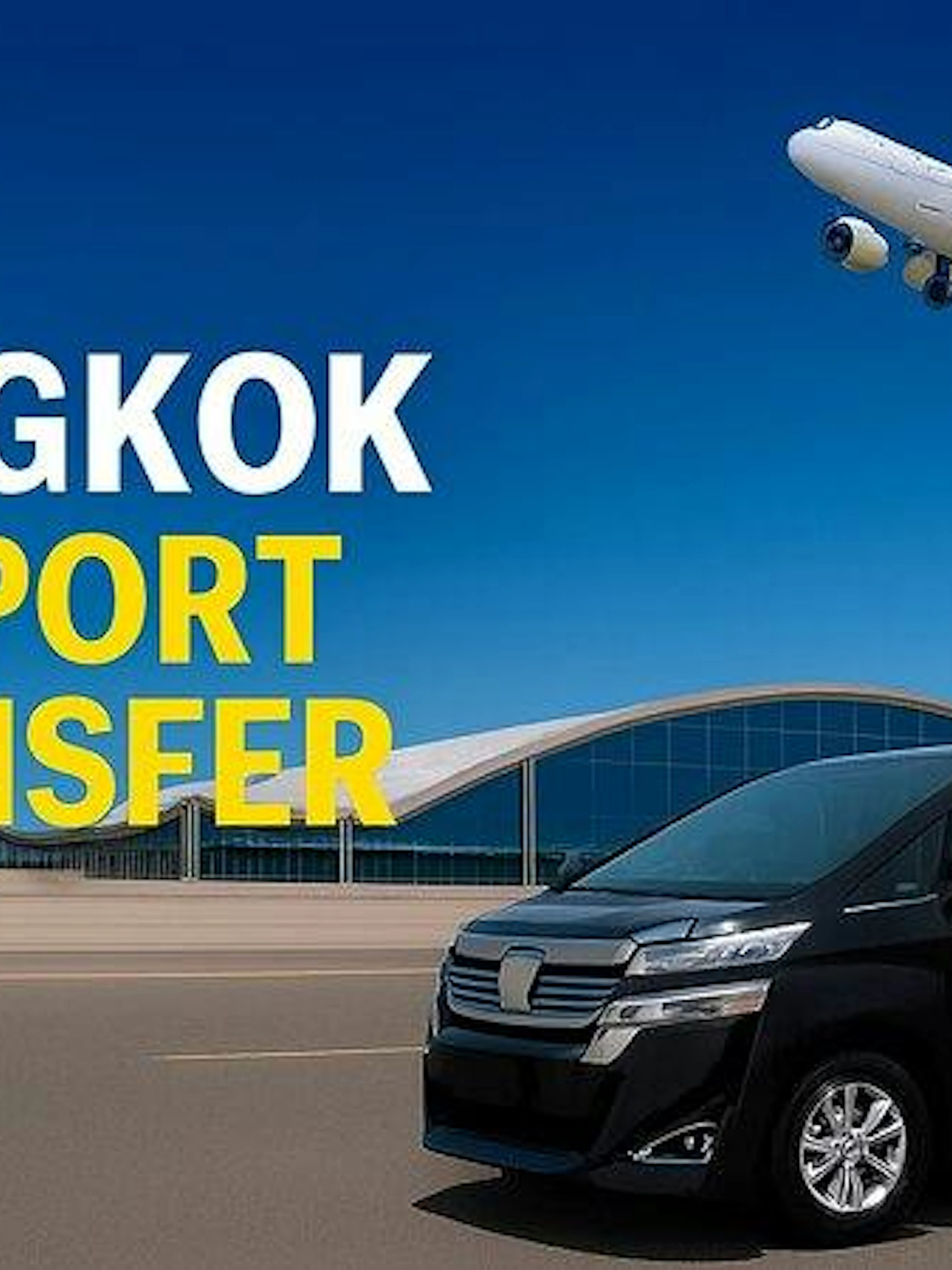 Private transfer van at Bangkok Suvarnabhumi Airport with airplane overhead.