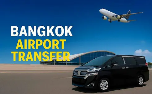 Private transfer van at Bangkok Suvarnabhumi Airport with airplane overhead.