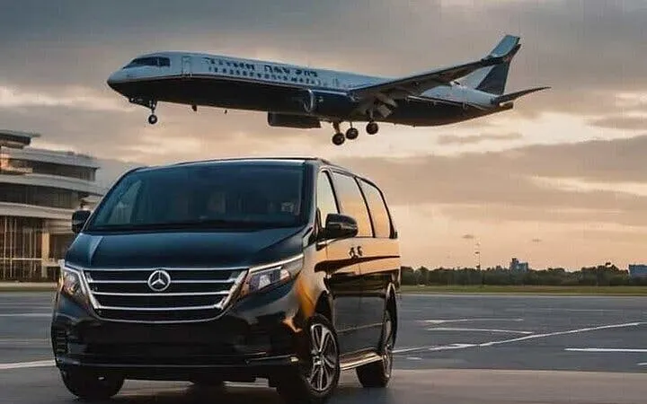 Transfer van at Sharm El Sheikh airport with plane landing in background.