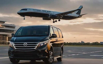 Transfer van at Sharm El Sheikh airport with plane landing in background.