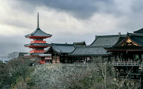 Kiyomizu-dera Temple in Kyoto's Higashiyama district during a self-guided audio walking tour.
