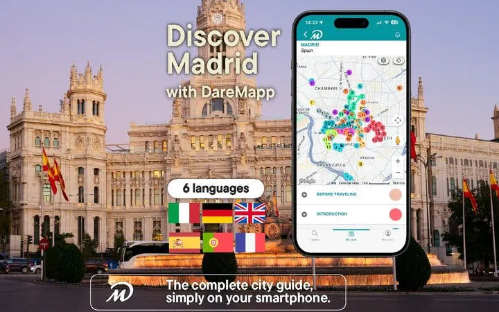 Madrid walking tour app displayed on smartphone with city map in front of Palacio de Cibeles.