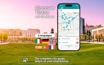 Tirana walking tour app interface with city map and language options.