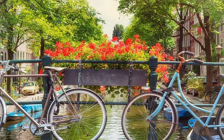 Bicycles on a bridge over a canal in Amsterdam with flowers and historic buildings in the background.