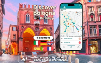 Bologna walking tour app interface with city map and landmarks.