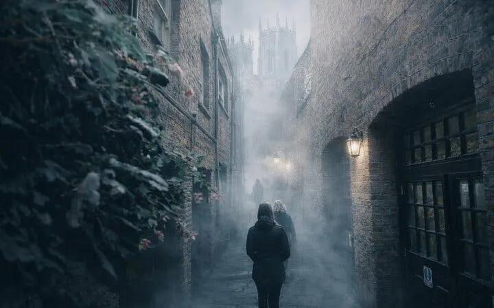 Historic York alleyway with mist and figures, part of haunted walking tour.
