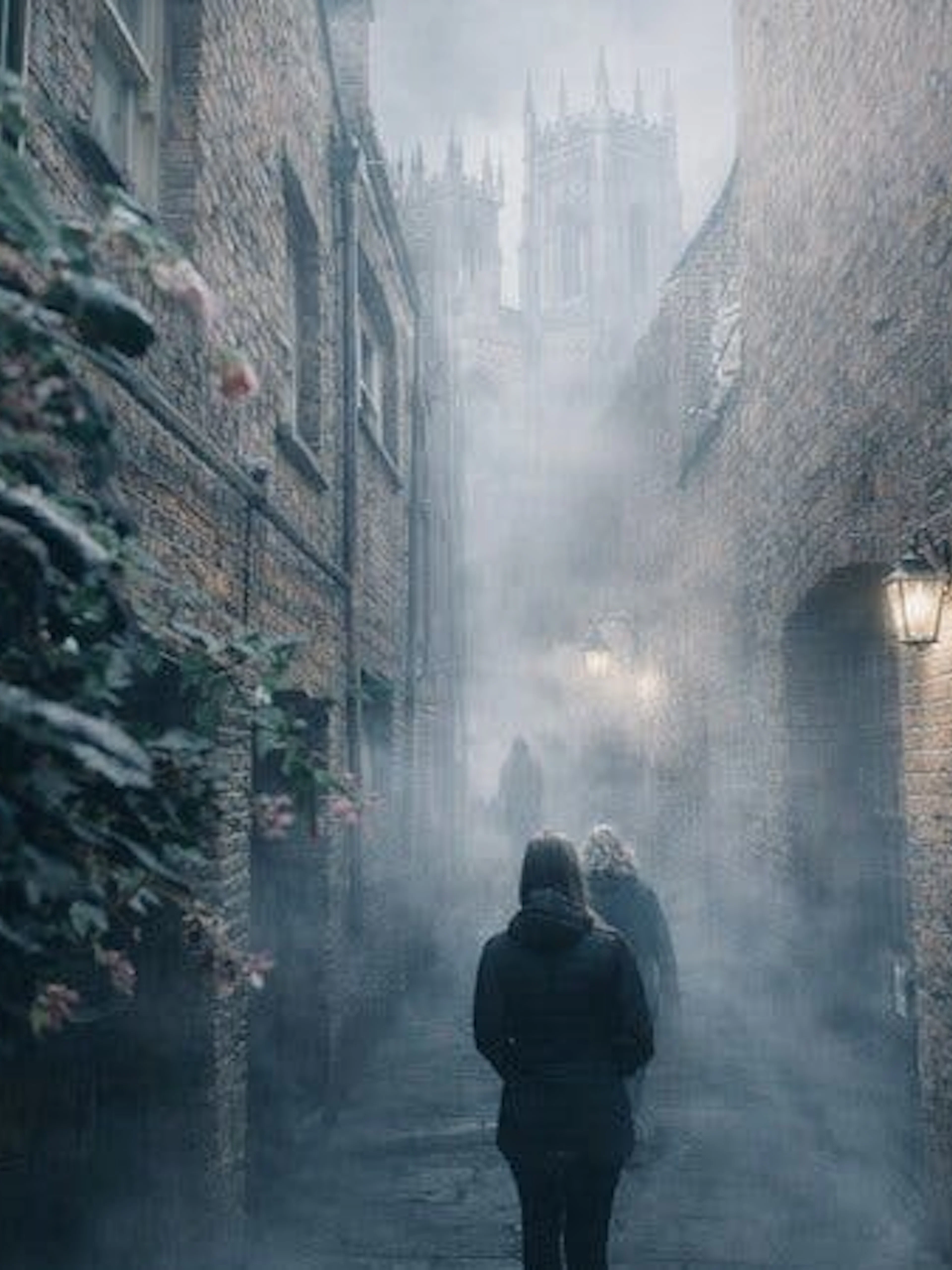 Historic York alleyway with mist and figures, part of haunted walking tour.