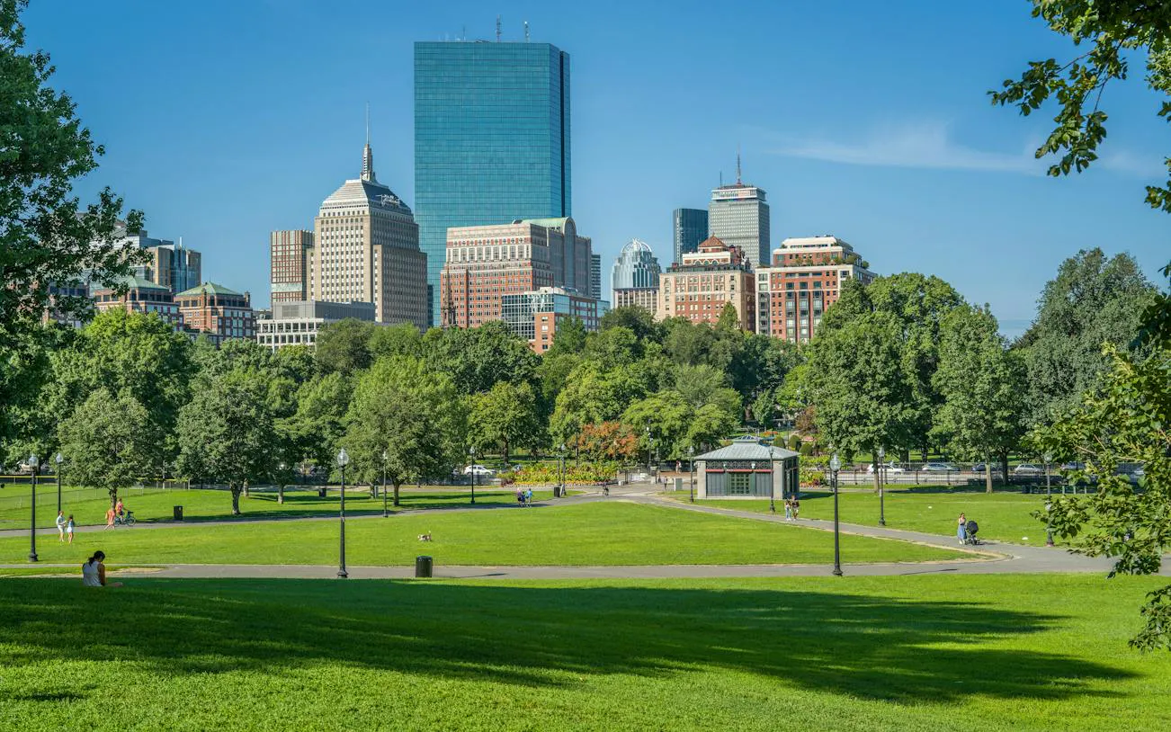 Boston Common with city skyline, part of the Freedom Trail self-guided audio walking tour.